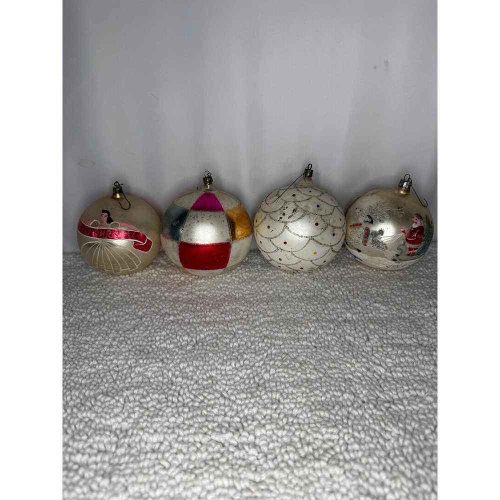 Vintage Mercury Glass Christmas Ornaments Set of 4 Santa Reindeer Mid Century
